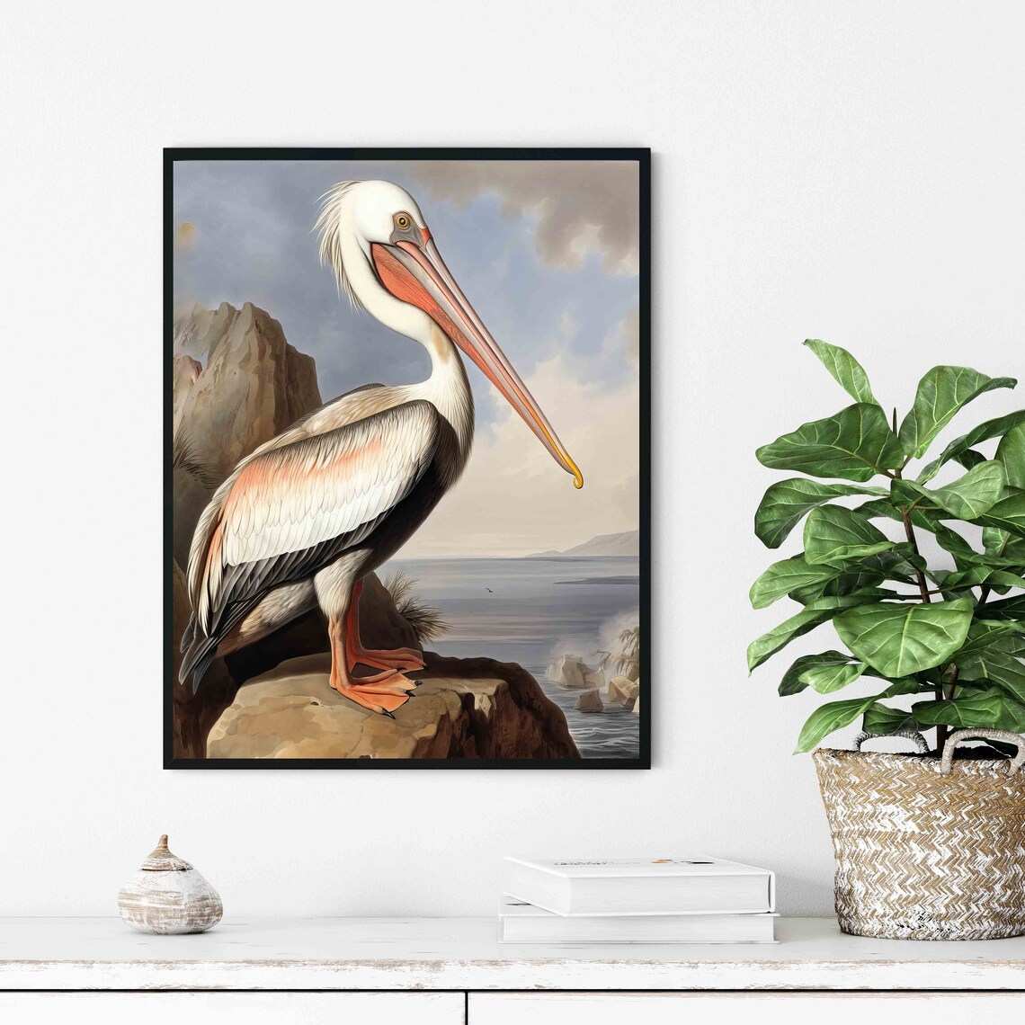 Pelican on Coastal Rock Vintage Bird Natural History Painting Print - Image 3