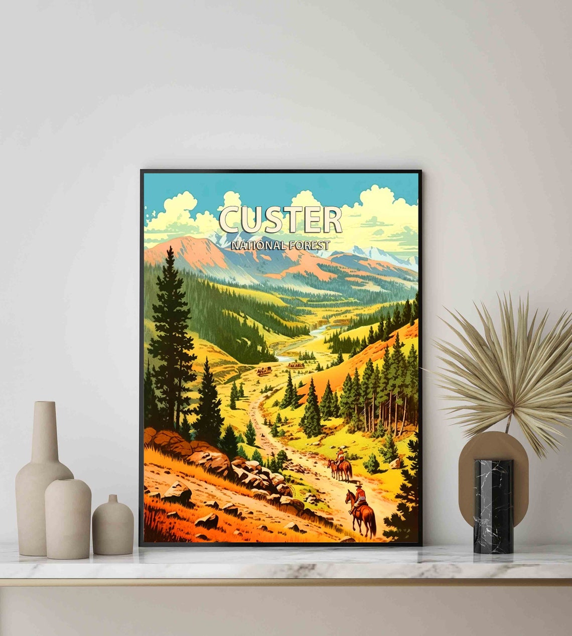 Custer National Forest Mountain Valley Horseback Riders Retro Poster - Image 3