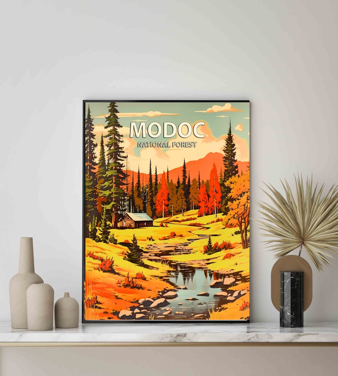 Modoc National Forest Autumn Cabin Creek Retro Travel Poster - Image 3