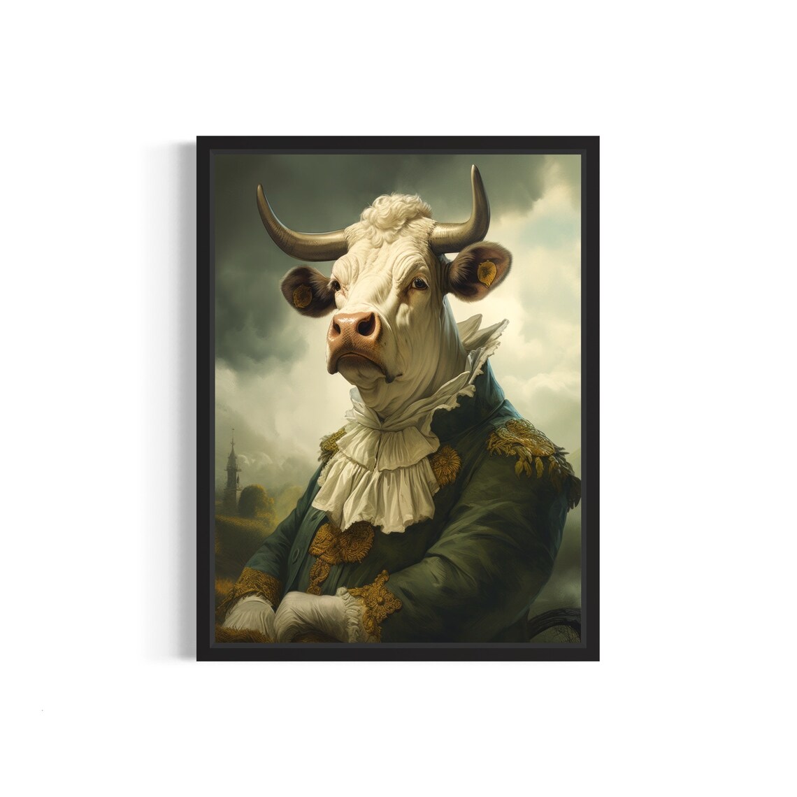 White Cow Portrait in Vintage Green Aristocrat Coat Poster Art