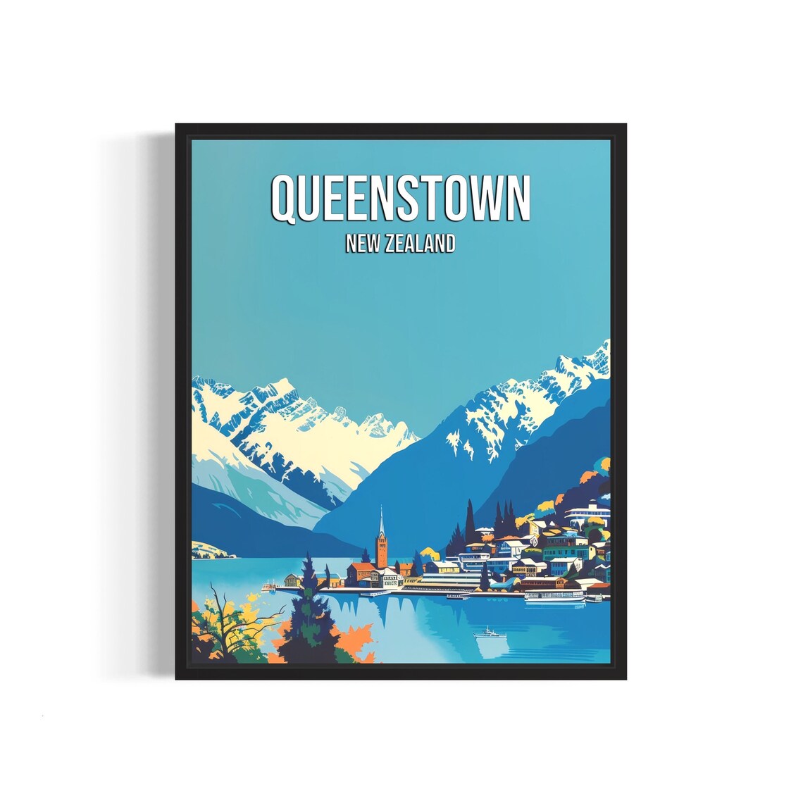 Queenstown New Zealand Poster With Snowy Mountains Over Lake Wakatipu
