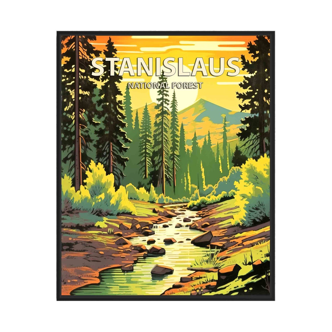 Stanislaus National Forest Vintage Sunset Stream Travel Poster