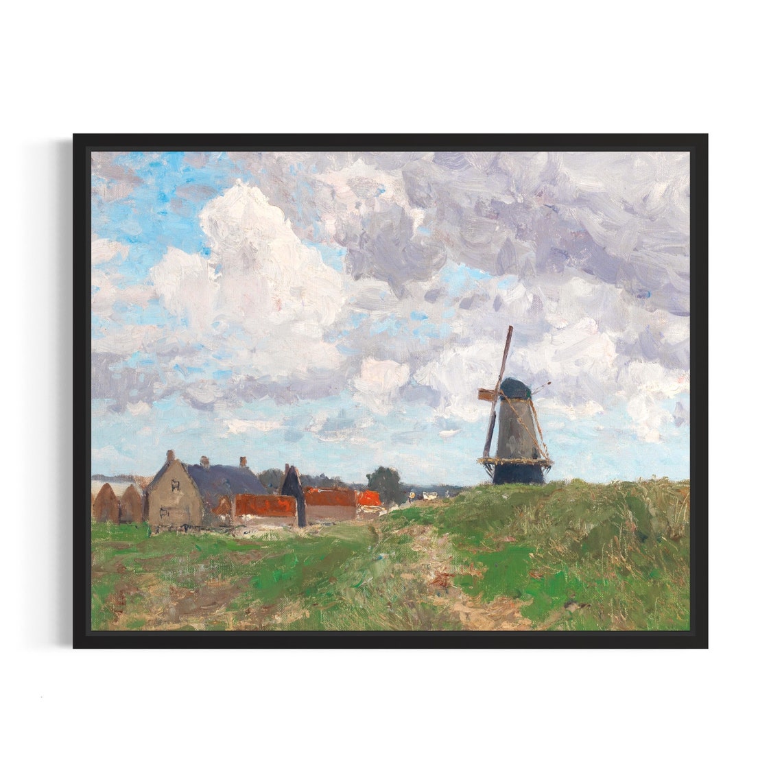 Dutch Windmill Over Village Impressionist Landscape Painting Poster