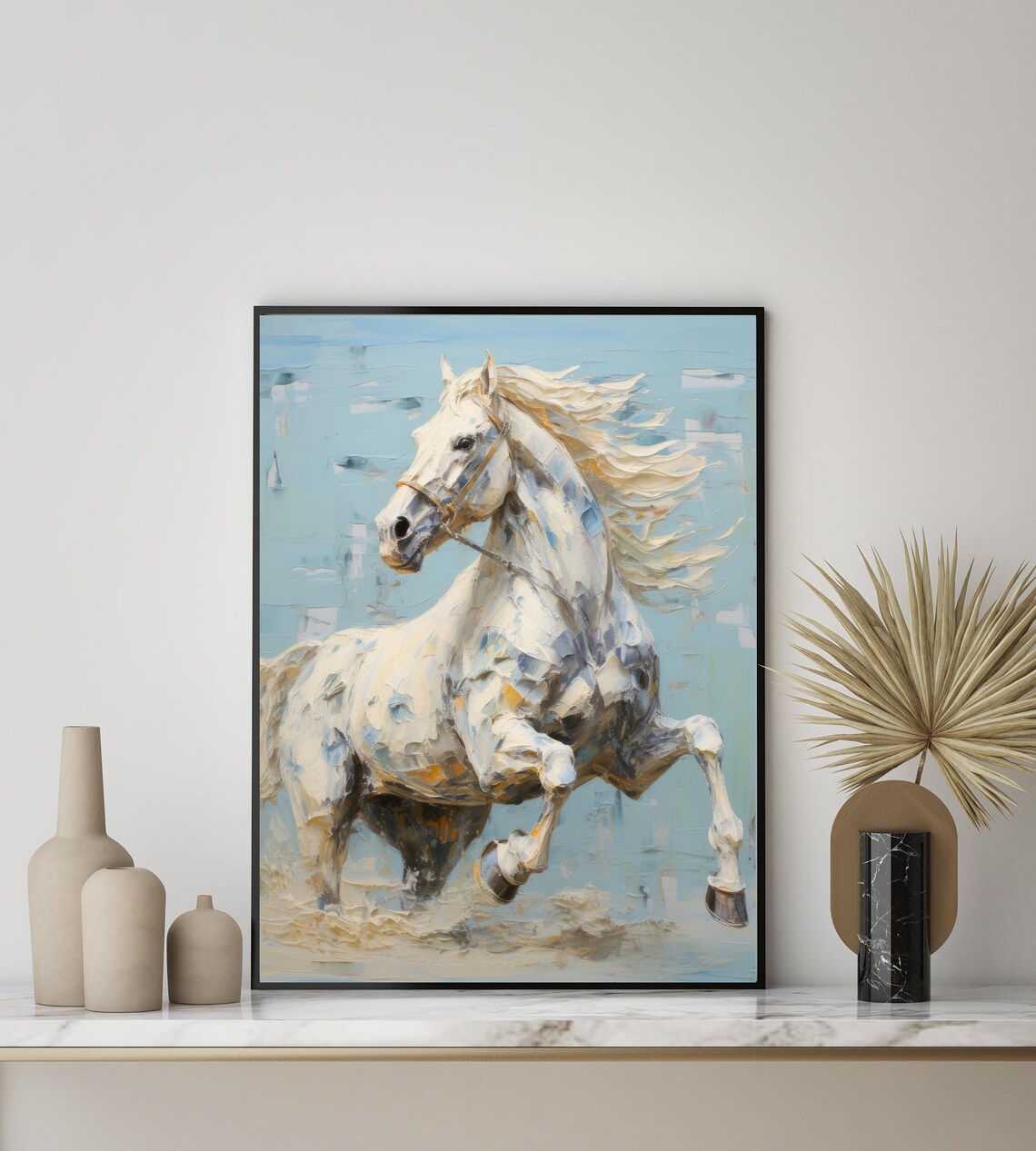 White Horse Galloping Equestrian Oil Painting Wildlife Art Print - Image 2