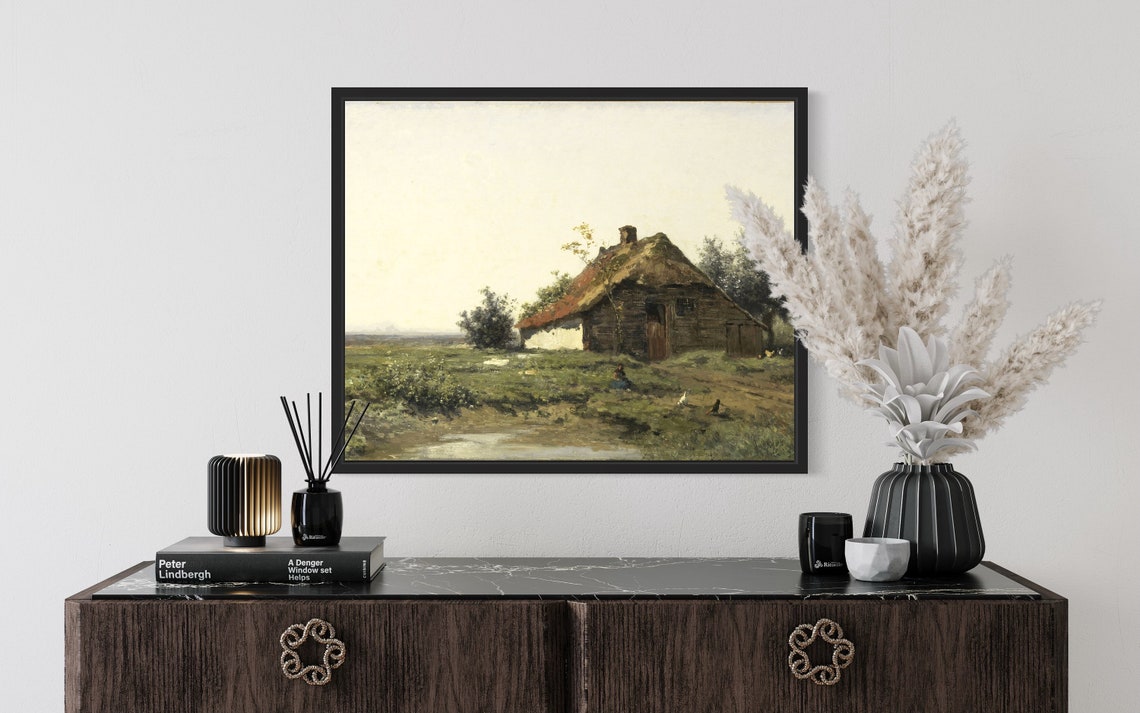 Thatched Cottage by Stream Vintage Marsh Landscape Painting Poster - Image 3