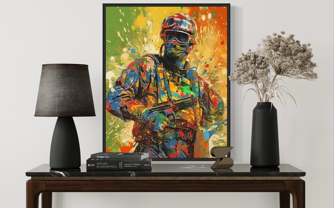 Paintball Player Covered in Colorful Paint Splatter Art Poster - Image 2