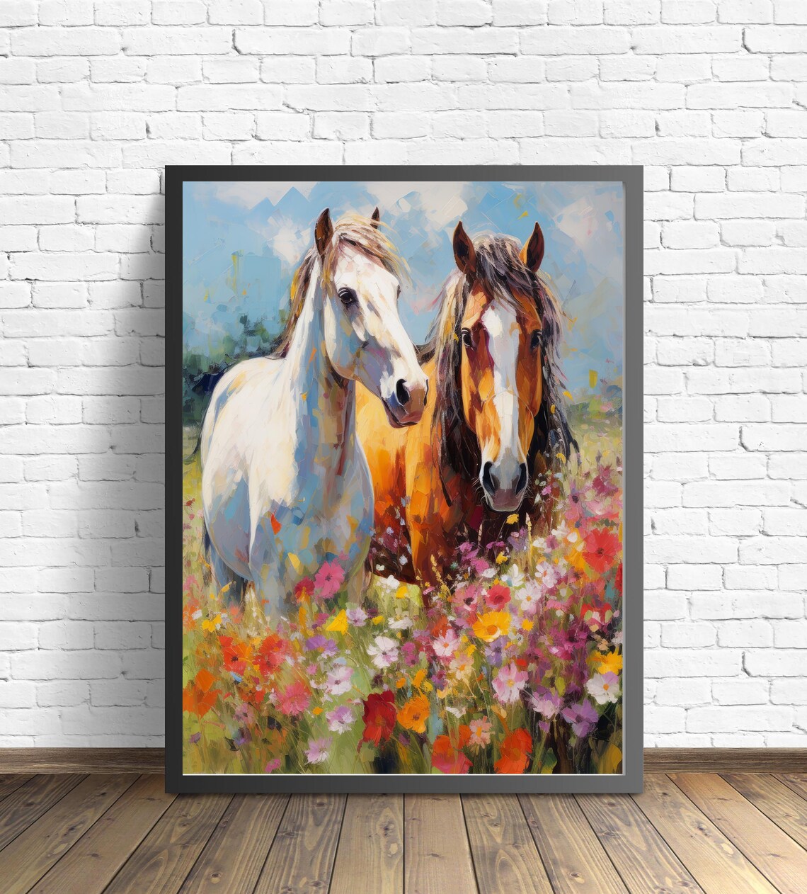 Two Horses in a Wildflower Meadow Vibrant Impressionist Art Poster - Image 3