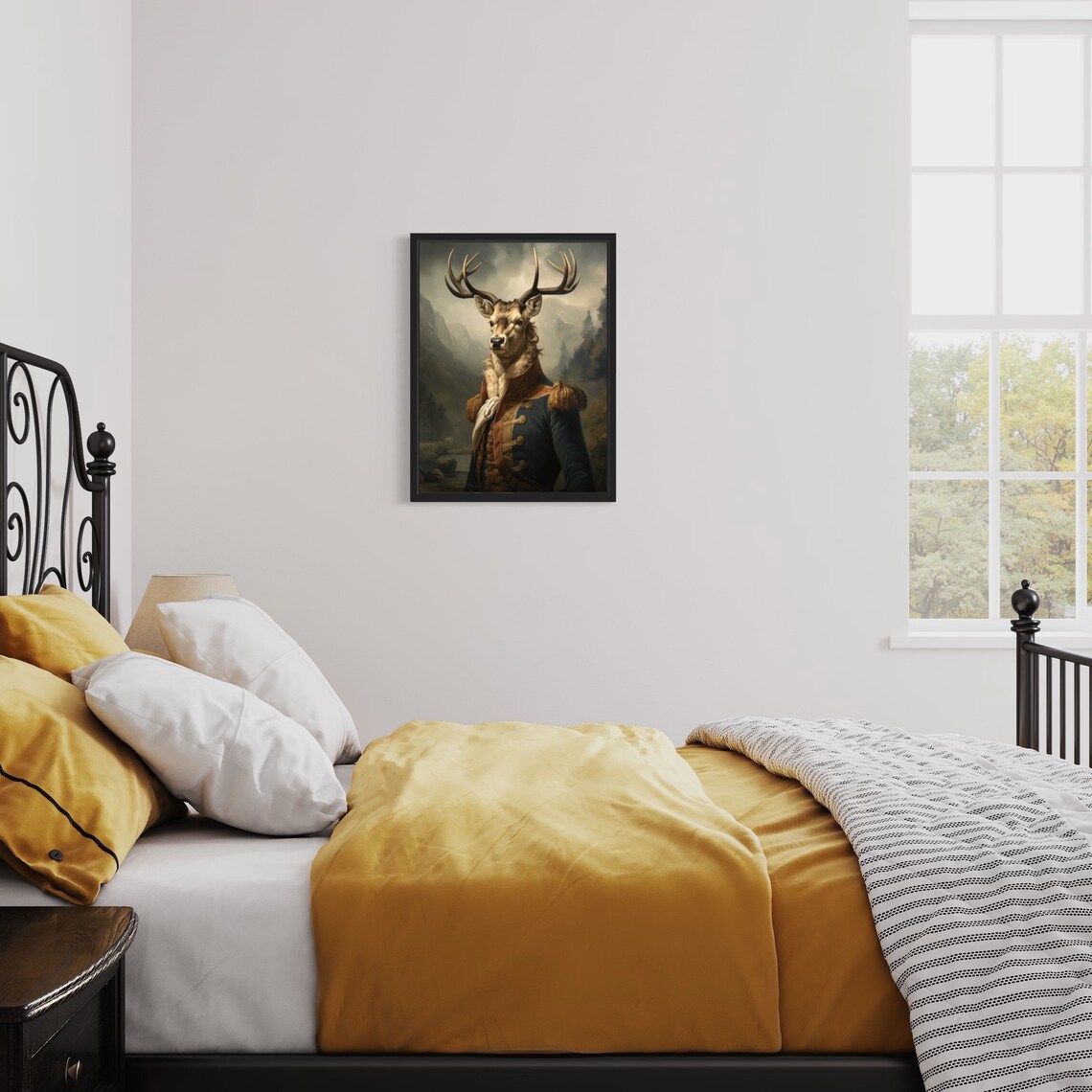 Regal Deer Stag In Vintage Military Coat Oil Painting Poster - Image 3