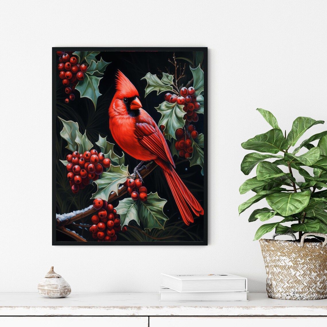 Red Northern Cardinal on Holly Branch Winter Bird Painting Poster - Image 2