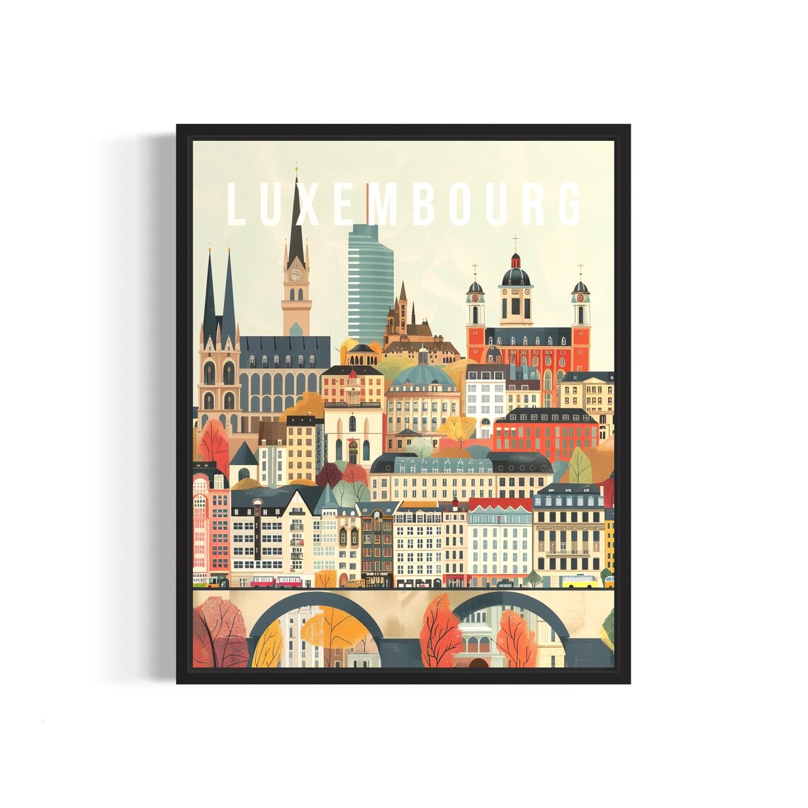 Luxembourg City Travel Poster with Old Town Skyline and Viaduct View