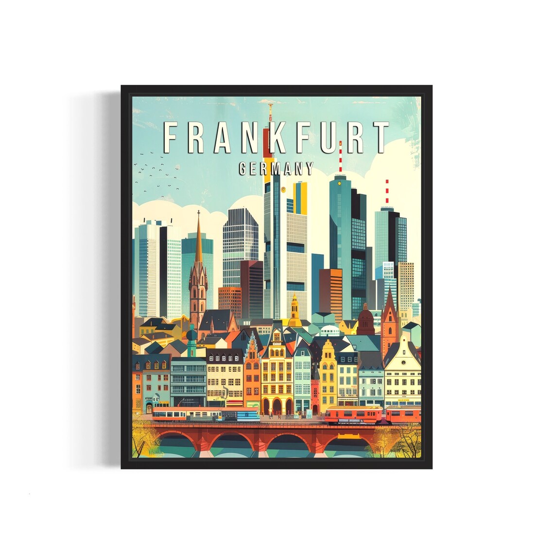 Frankfurt Germany Retro Skyline City Vintage Travel Poster Art