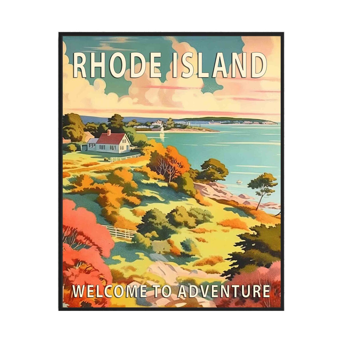 Rhode Island Coastal Autumn Landscape Cottage Scenic Travel Poster