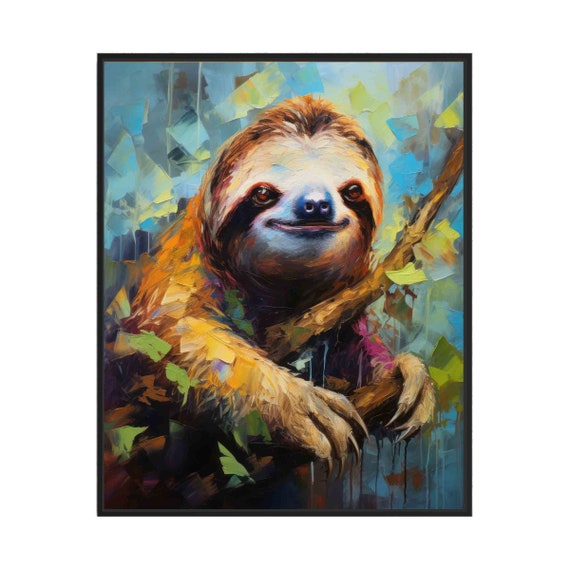 Smiling Sloth Abstract Oil Painting Colorful Jungle Art Poster