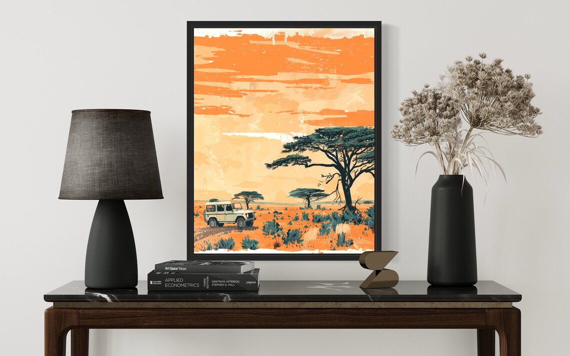 African Safari Sunset Retro Poster Vintage Jeep and Acacia Tree - Image 2