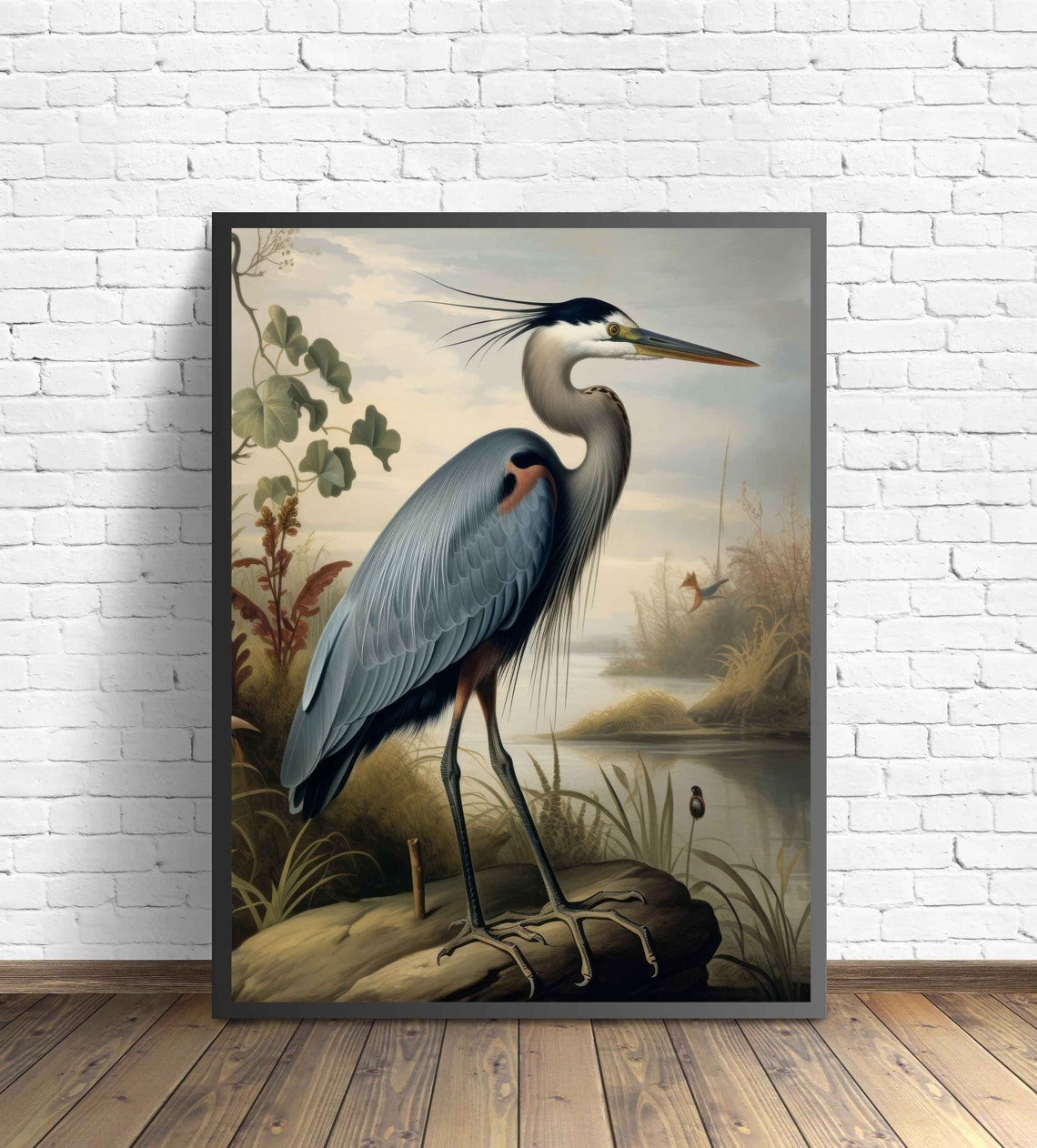 Blue Heron Wading in a Marsh in a Vintage Style Nature Poster