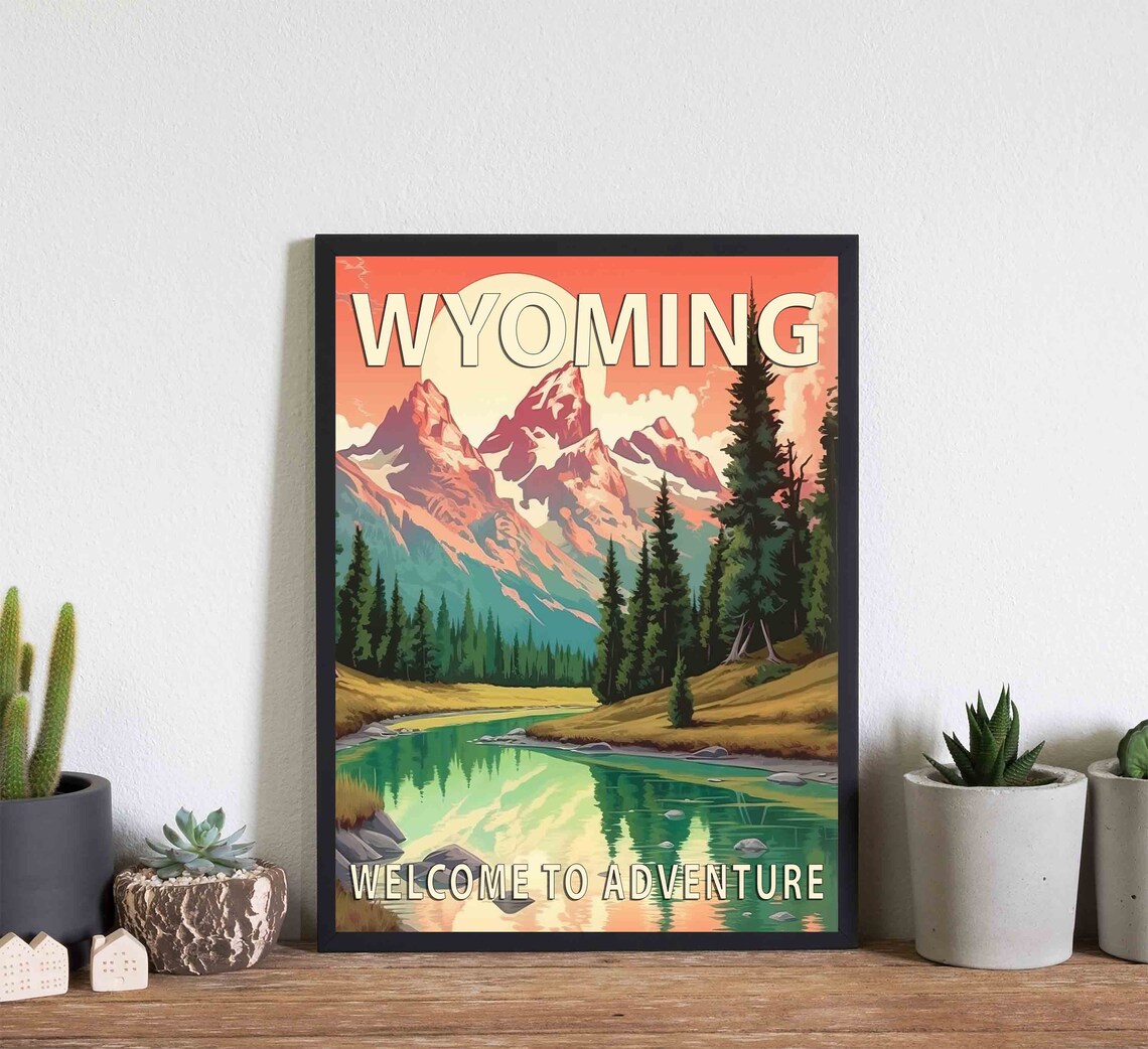 Wyoming Retro Mountain Lake Sunset Welcome Adventure Travel Poster - Image 2