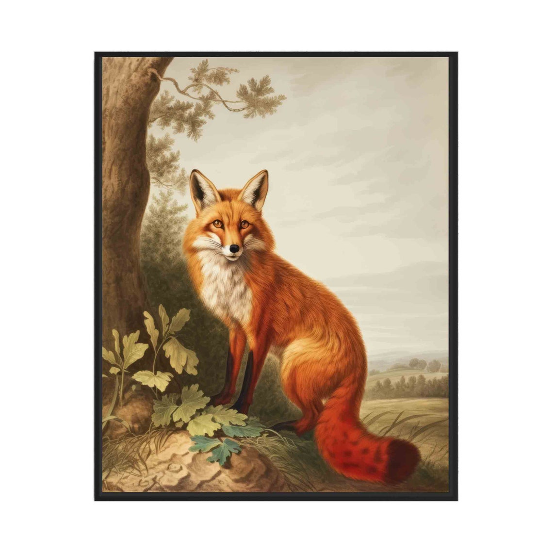 Red Fox Beside Oak Tree Fiery Vintage Woodland Wildlife Poster