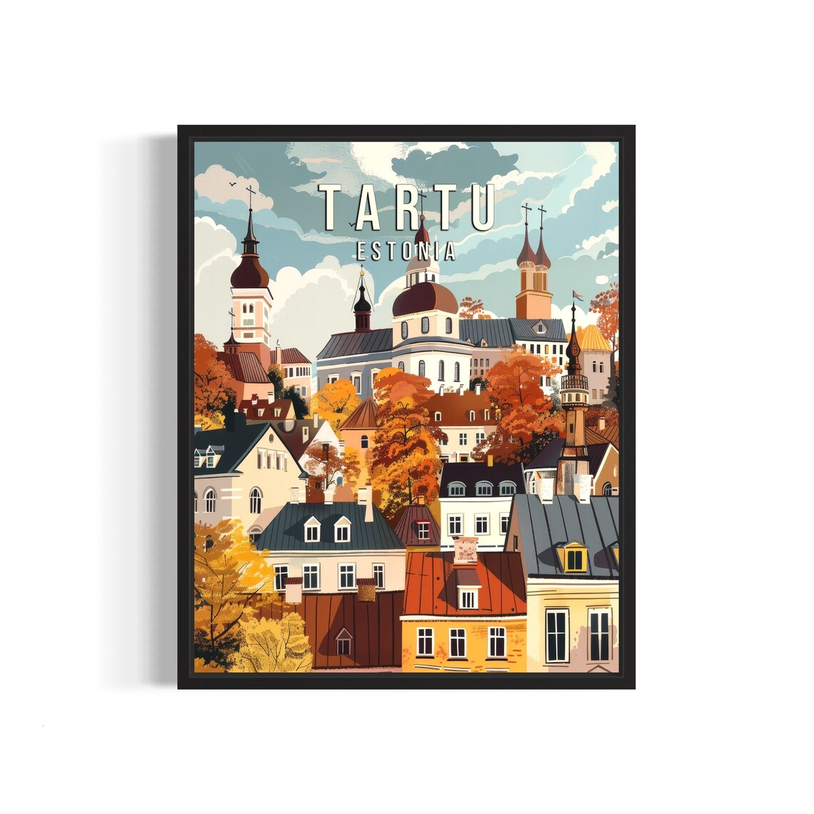 Tartu Estonia Autumn Old Town Church Towers Retro Travel Poster