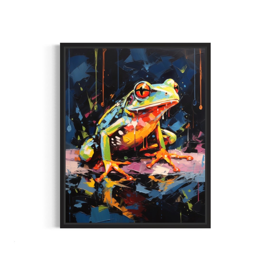 Colorful Tree Frog Abstract Neon Night Dripping Paint Poster