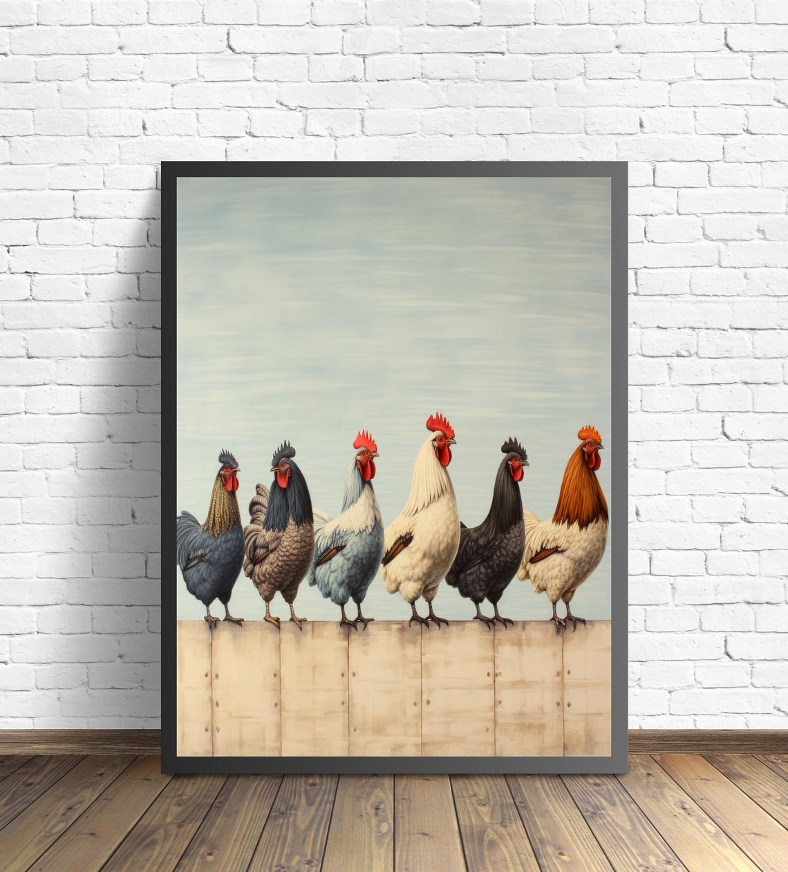 Six Colorful Roosters Lined Up On A Wooden Farm Fence Poster - Image 2
