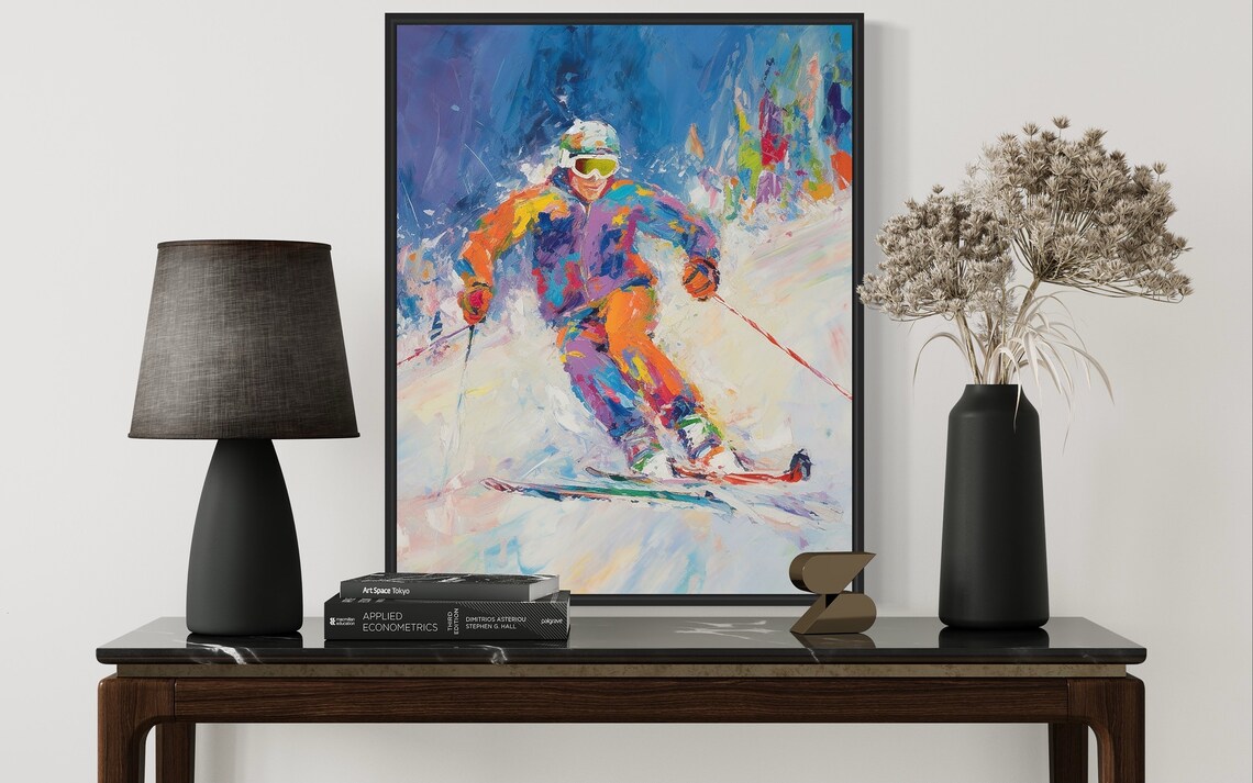 Vibrant Abstract Downhill Skier Oil Painting Style Art Poster - Image 2