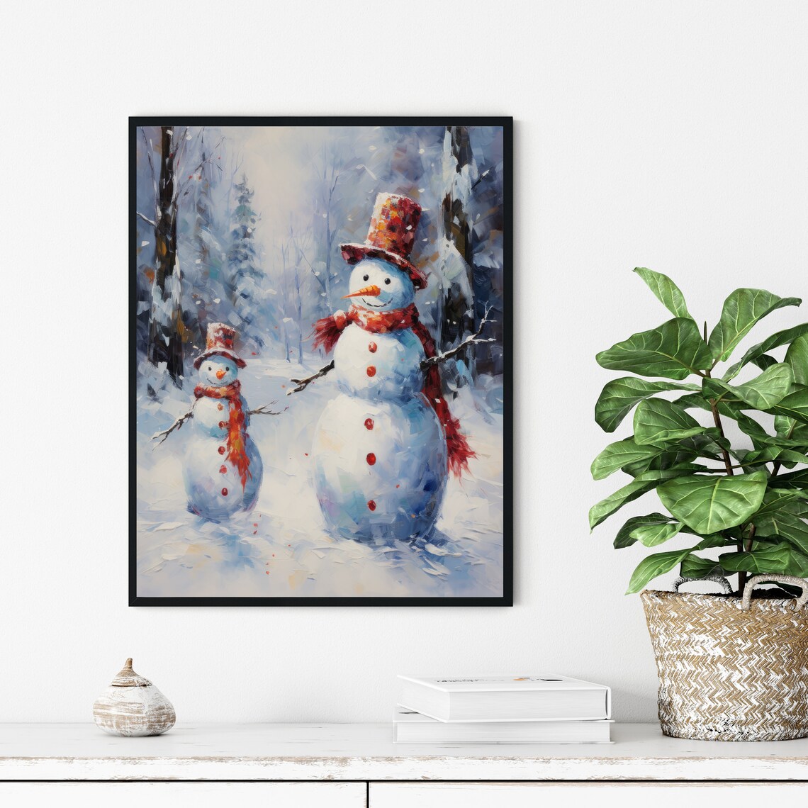 Two Cheerful Snowmen in Snowy Winter Forest Painting Christmas Poster - Image 3