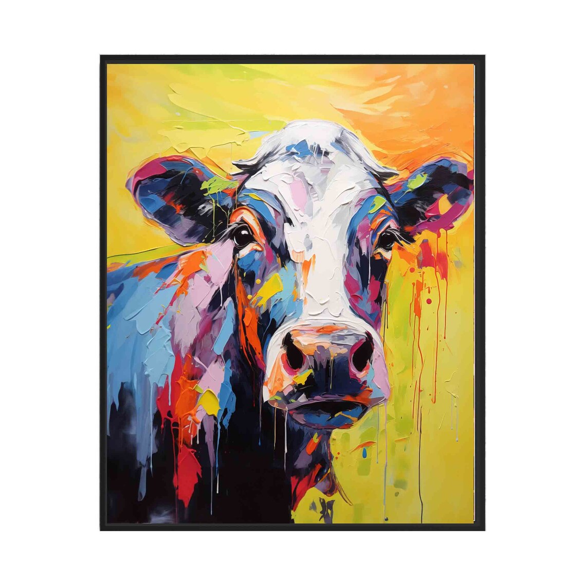 Rainbow Cow Face Portrait on Yellow Abstract Oil Paint Poster