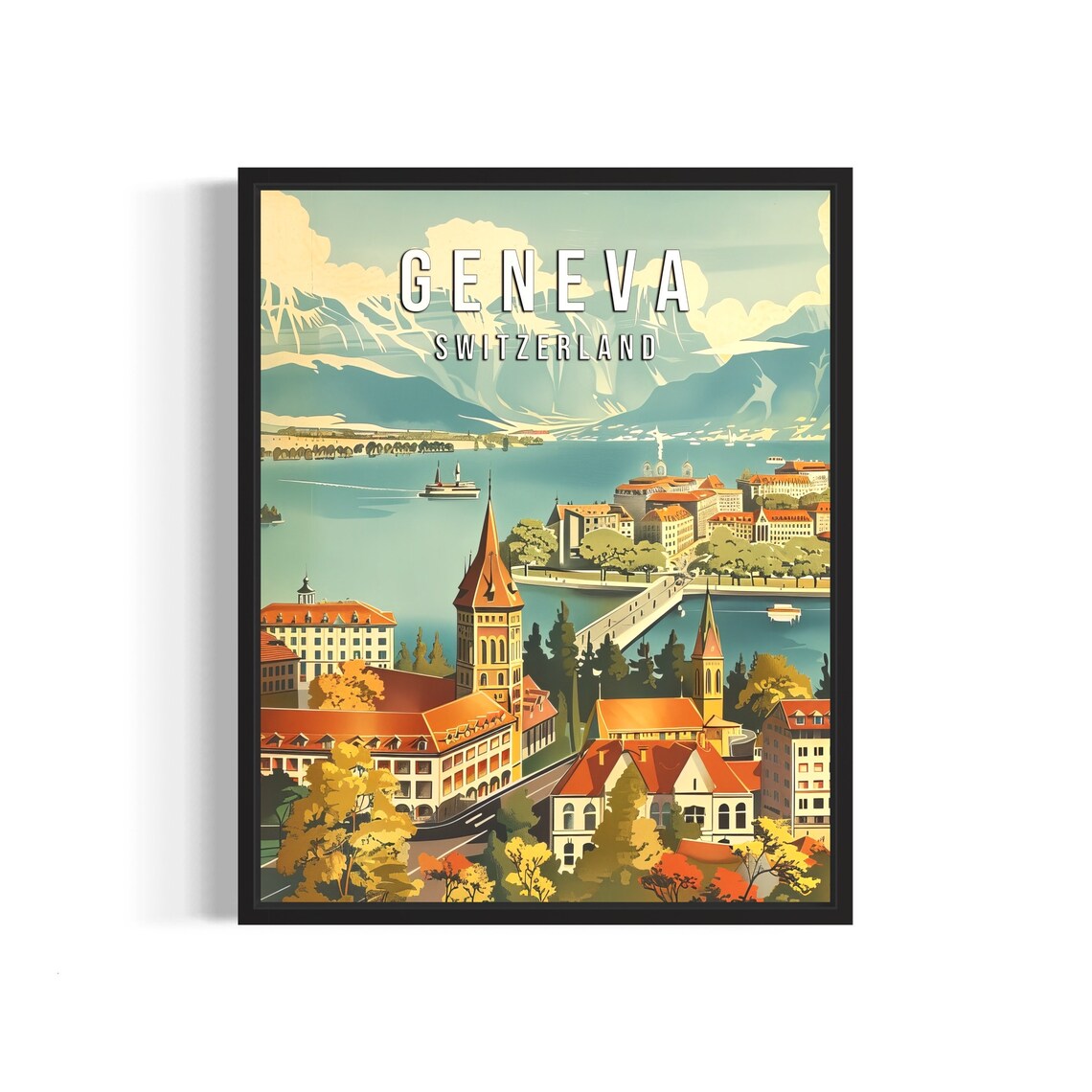 Geneva Switzerland Lake View with Old Town and Alpine Peaks Poster