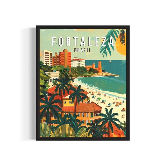 Fortaleza Brazil Travel Poster Tropical Beach and Palms Cityscape View