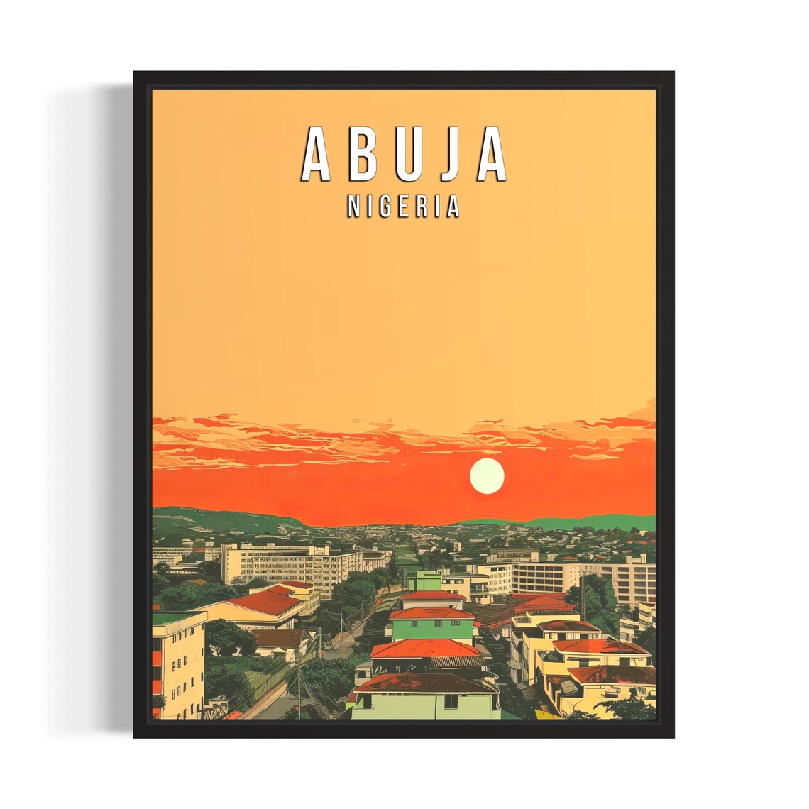 Abuja Nigeria City Skyline Beneath Fiery Orange Sunset Sky Poster