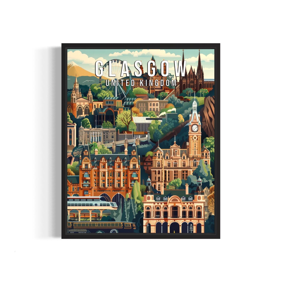 Glasgow United Kingdom City Landmarks Illustrated Travel Poster