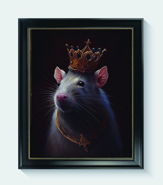 Crowned Rat Gothic Oil Portrait with Golden Crown Dark Wall Art