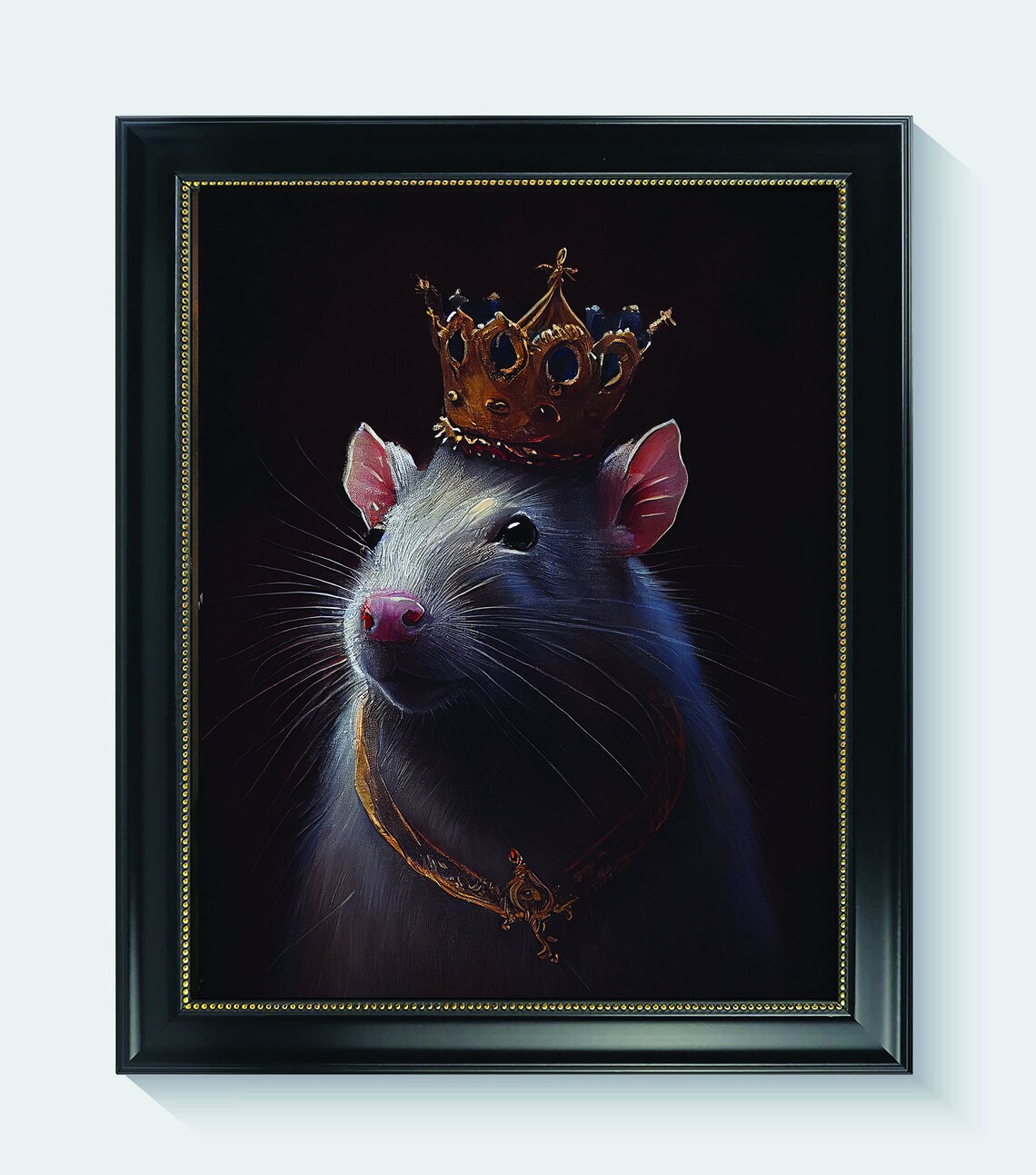 Crowned Rat Gothic Oil Portrait with Golden Crown Dark Wall Art