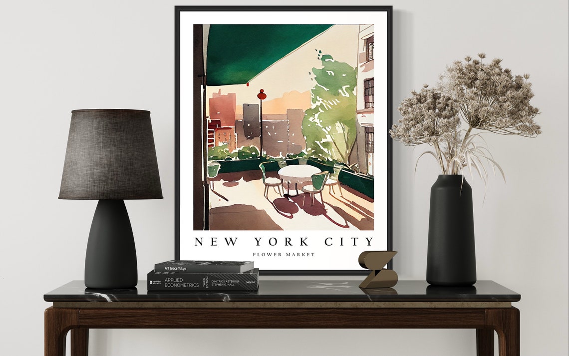 New York City Flower Market Watercolor Painting New York City Botanical Skyline Background Wall Art Poster Print - Image 2