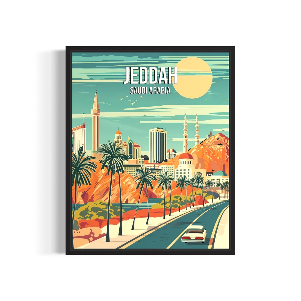 Jeddah Saudi Arabia Skyline With Mosque Minarets at Sunset Poster