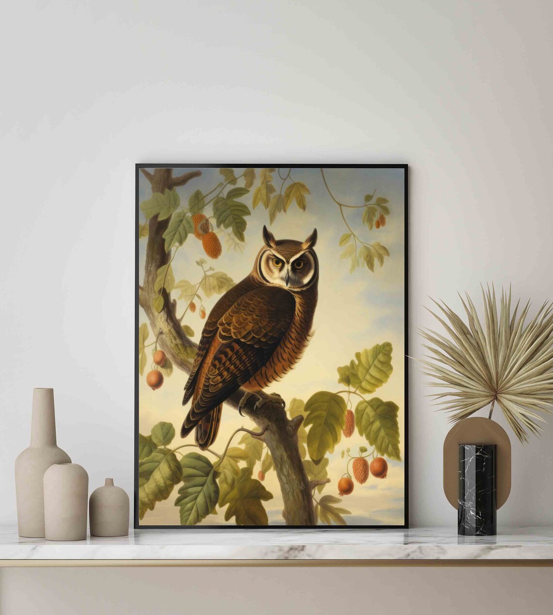 Long-Eared Owl on Oak Branch Vintage Bird Wildlife Art Poster - Image 2