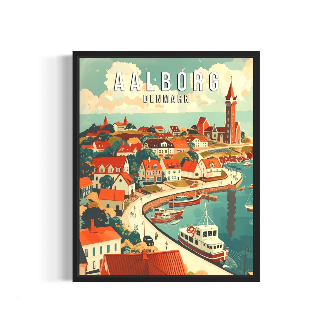 Aalborg Denmark Curved Harbor Fishing Boats Waterfront Retro Poster