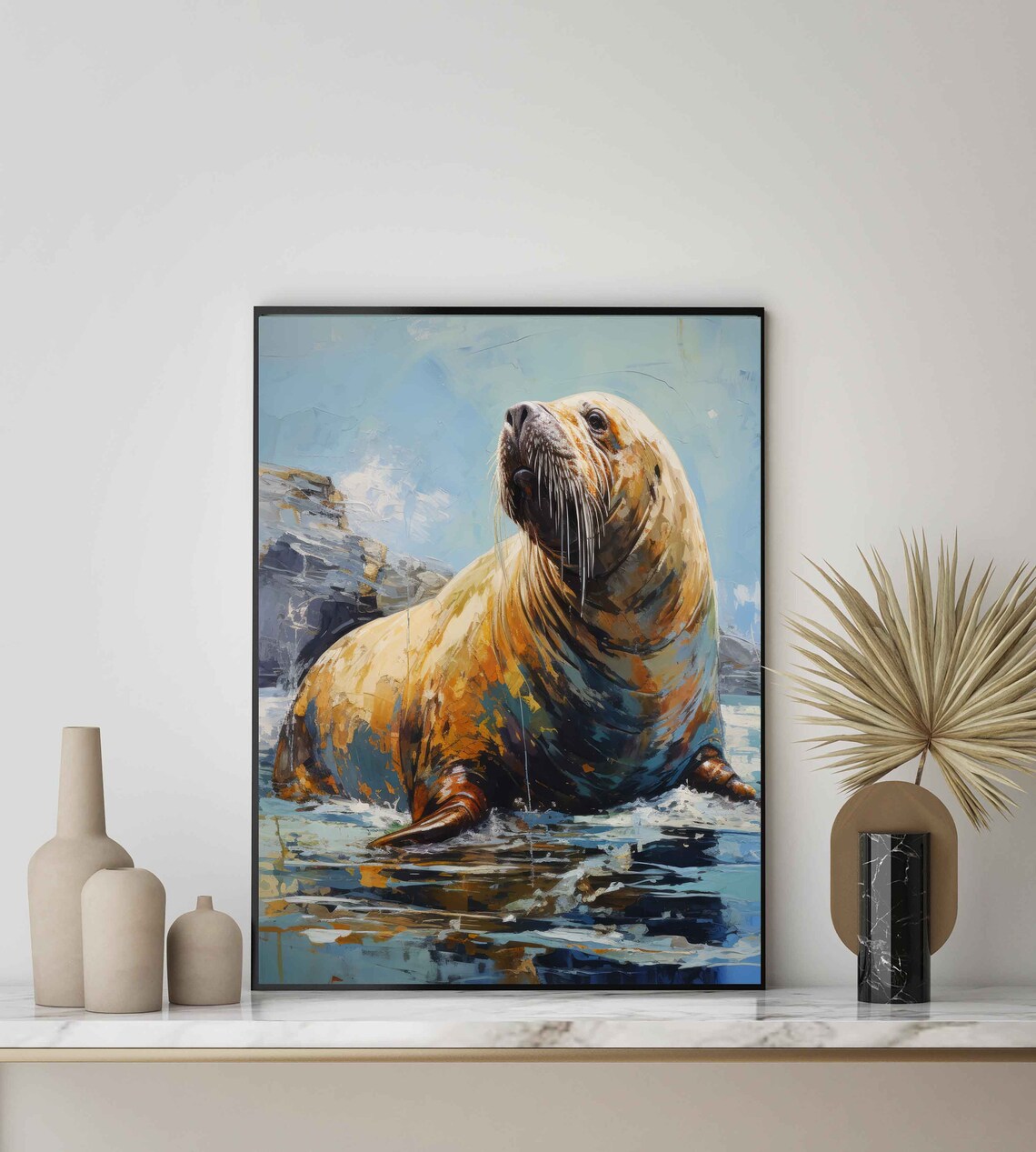 Walrus Wildlife Portrait Painterly Ocean Animal Scene Wall Art - Image 2