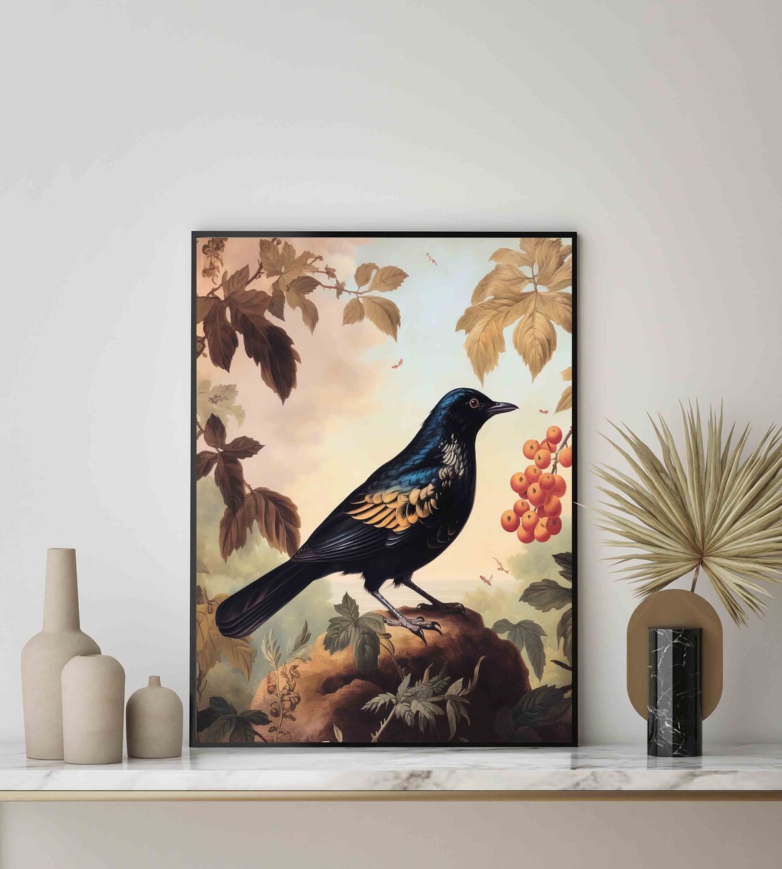 Starling Bird Vintage Illustration Orange Berries Nature Poster - Image 3
