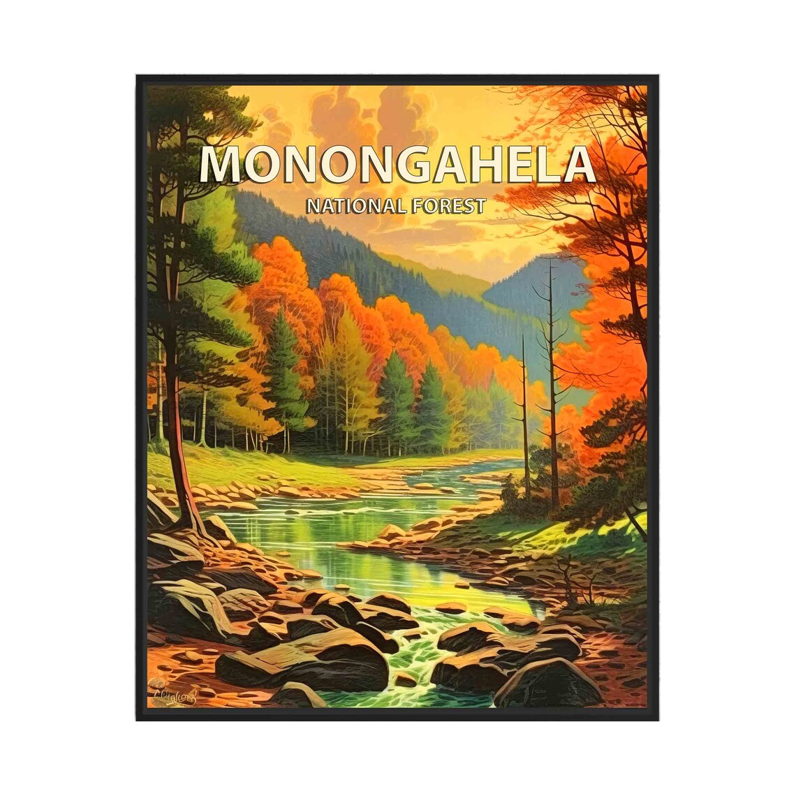 Monongahela National Forest Autumn River Vintage Travel Poster