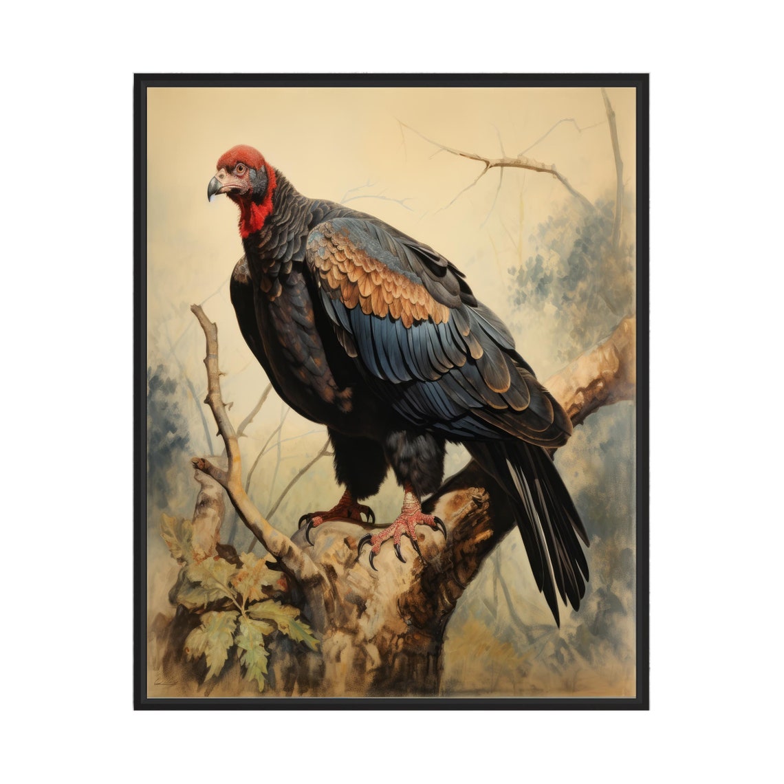 Turkey Vulture Perched on Branch Striking Vintage Bird Art Poster
