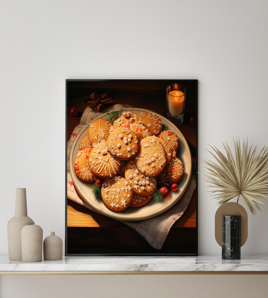 Plate of Iced Gingerbread Cookies with Candle Christmas Food Poster - Image 3