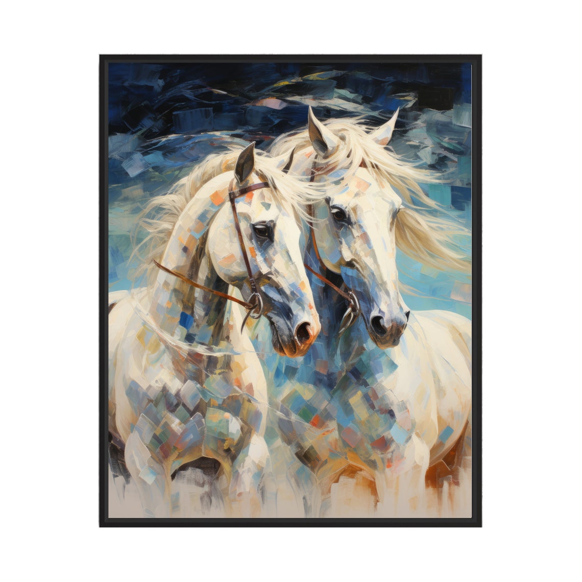 Two White Horses Running Blue Night Abstract Oil Paint Art Poster