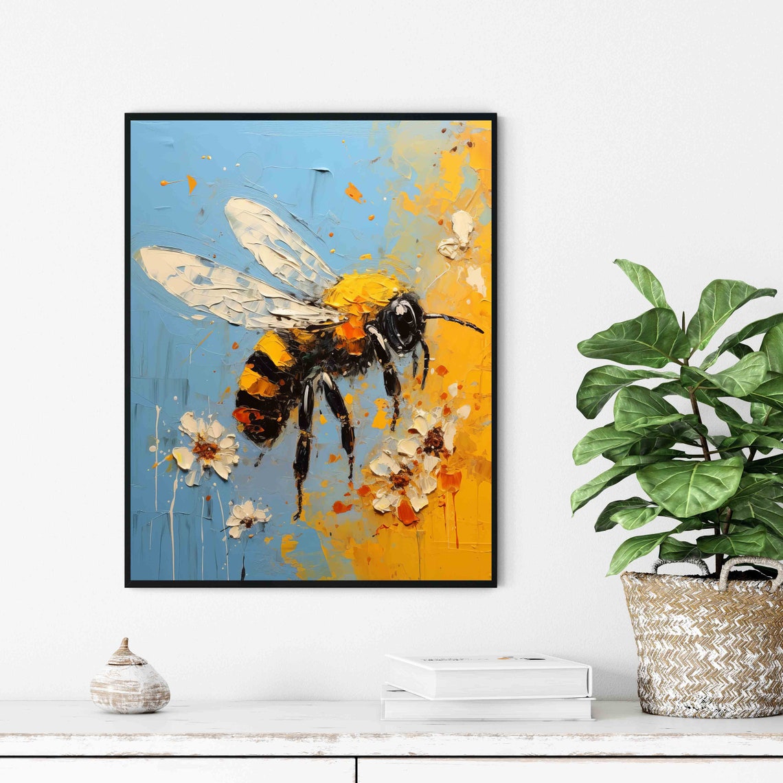 Bumblebee Hovering Over Flowers Blue Yellow Impasto Art Poster - Image 3