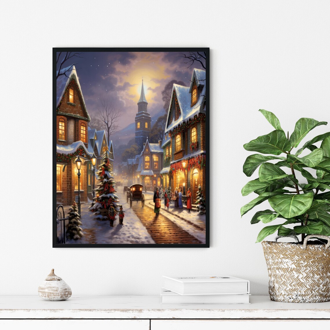 Victorian Christmas Village Snowy Street Horse Carriage Poster - Image 2