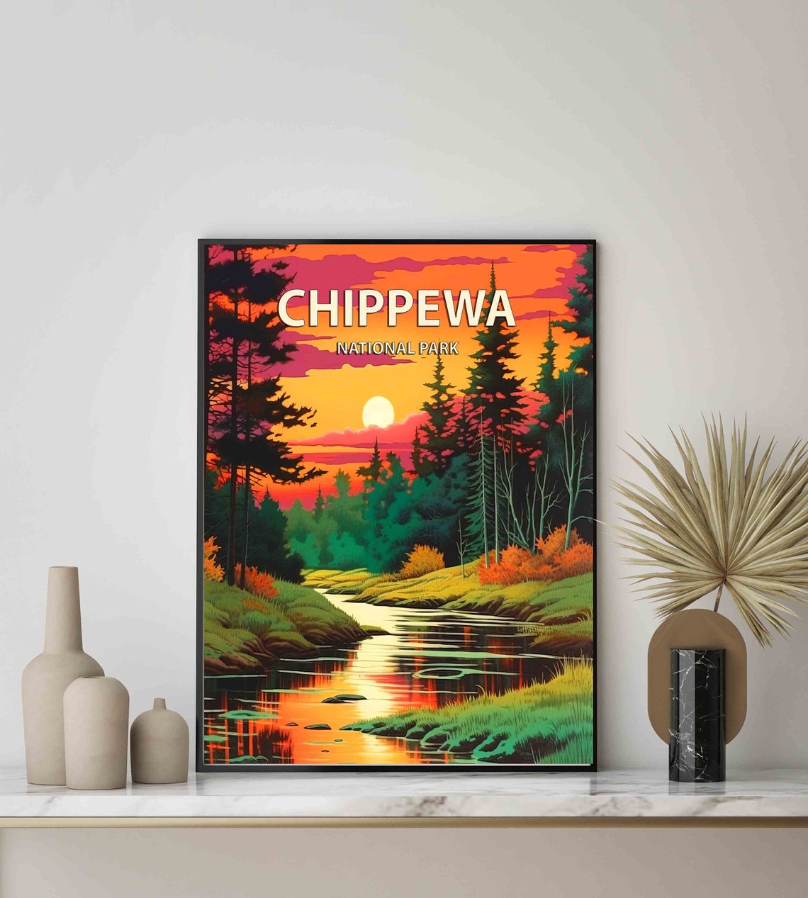 Chippewa National Park Sunset River Pines Retro Travel Poster - Image 3
