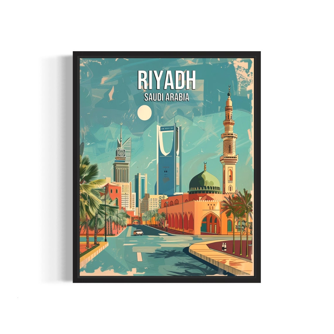 Riyadh Saudi Arabia Modern Skyline And Mosque Retro Travel Poster