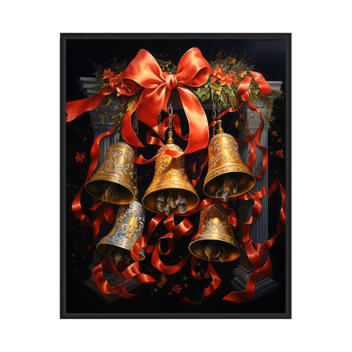 Golden Christmas Bells with Red Ribbons Elegant Holiday Decor Poster