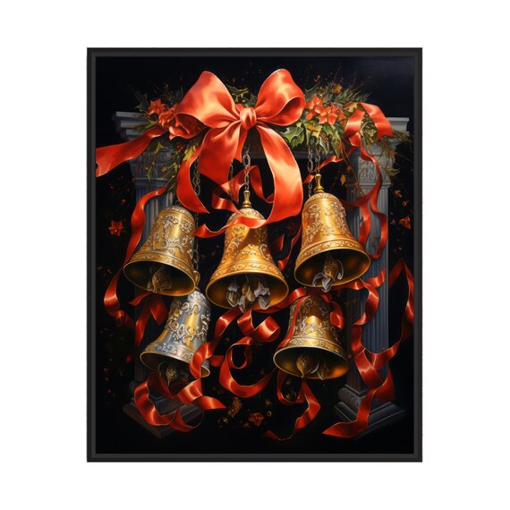 Golden Christmas Bells with Red Ribbons Elegant Holiday Decor Poster