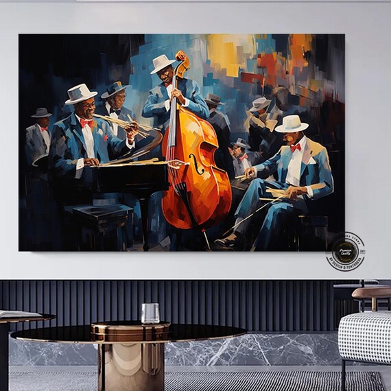 Jazz Band Blue Suits Trumpet Bass Nightclub Oil Painting Poster